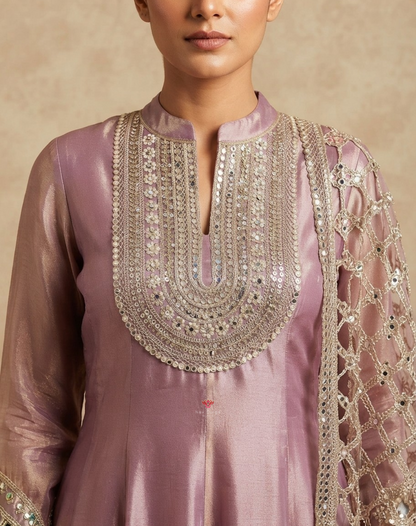 Moonlit Mauve | Zari, Sequin & Mirror Work Tissue Anarkali Suit