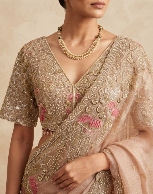 Rosé Petal | Sequin, Cutdana & Zari Embellished Tissue Saree