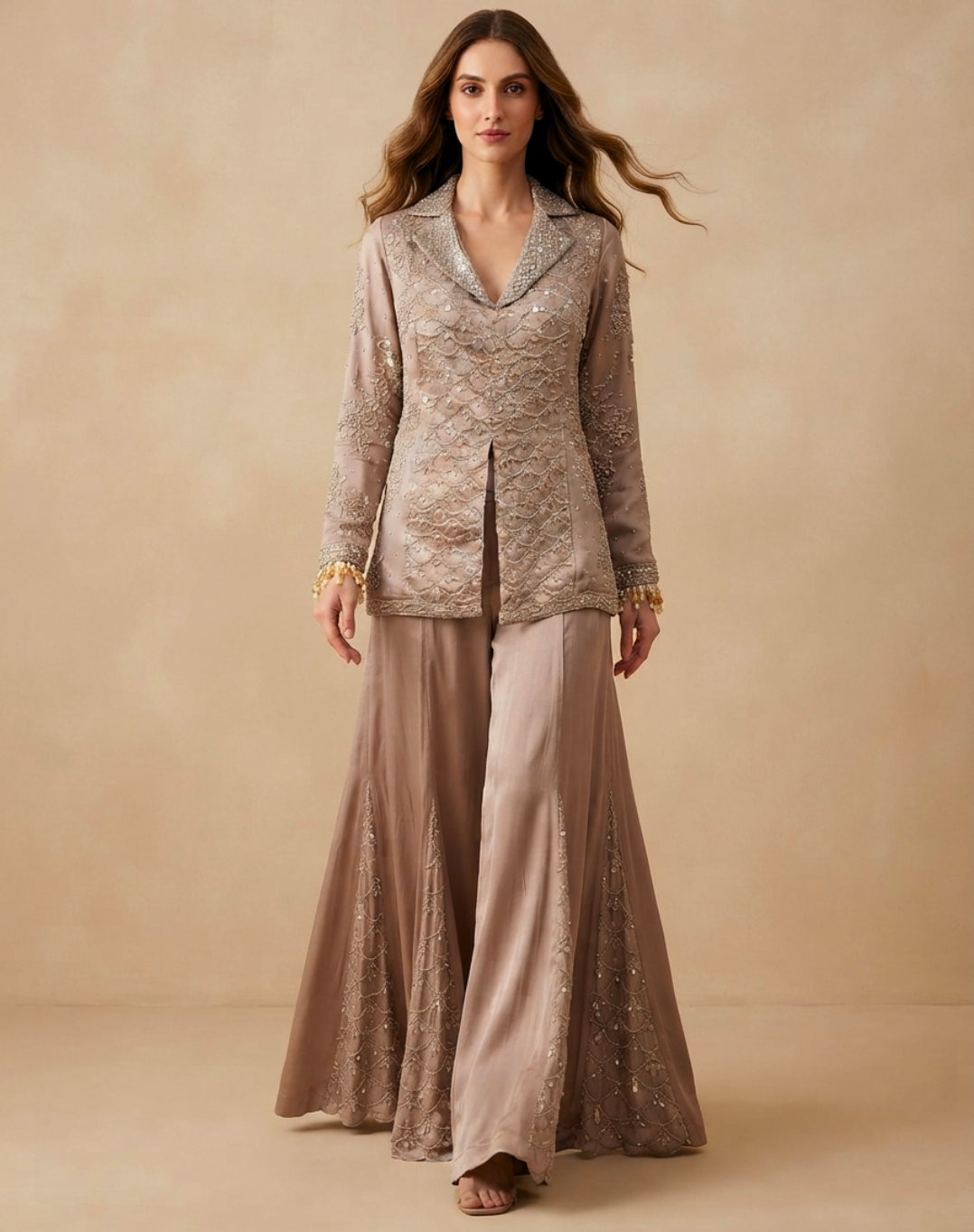 Dusty Rose Sequin Tuxedo Palazzo Set