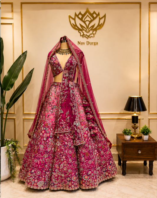 Royal Bloom | Hand-Embroidered Raw Silk Bridal Lehenga