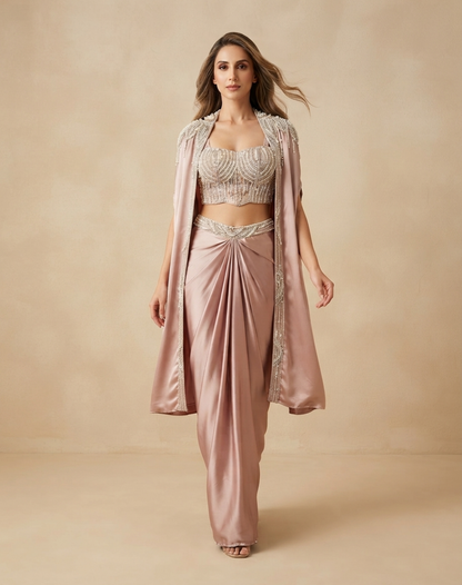 Dusty Rose Pink Draped Indo-Western Set with Pearl-Embellished Blouse