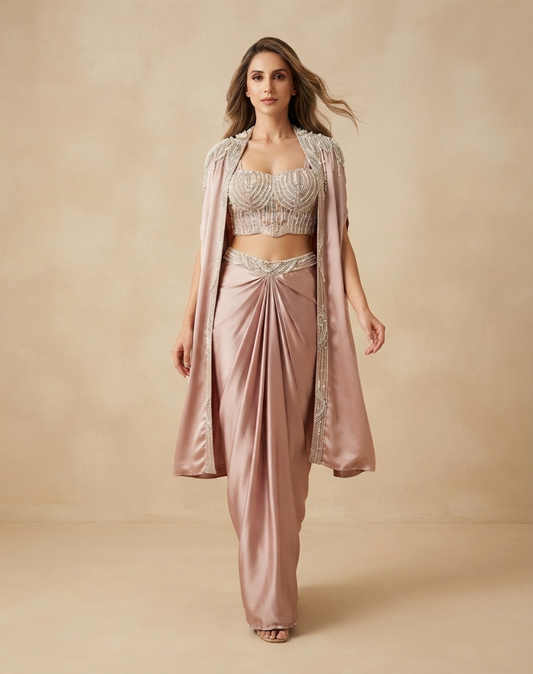 Dusty Rose Pink Draped Indo-Western Set with Pearl-Embellished Blouse