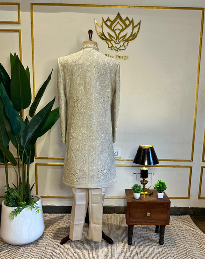 Ivory Resham & Cutdana Embroidered Sherwani
