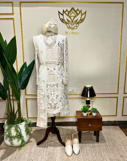 Ivory Heritage Hand-Embroidered Bamber Silk Sherwani Set