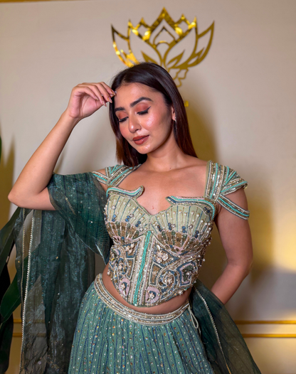 Emerald Aura | Embellished Organza Lehenga Set