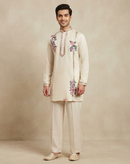 Floral Charm | Sequin, Bead & Thread Embroidered Men's Indo-Western Kurta Set