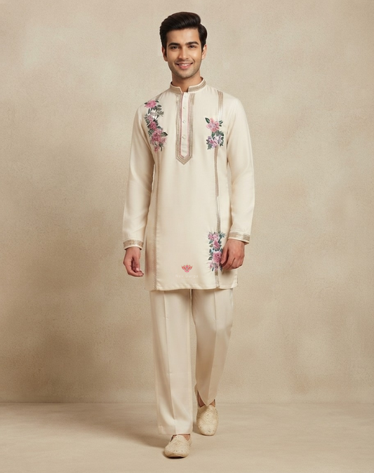 Floral Charm | Sequin, Bead & Thread Embroidered Men's Indo-Western Kurta Set