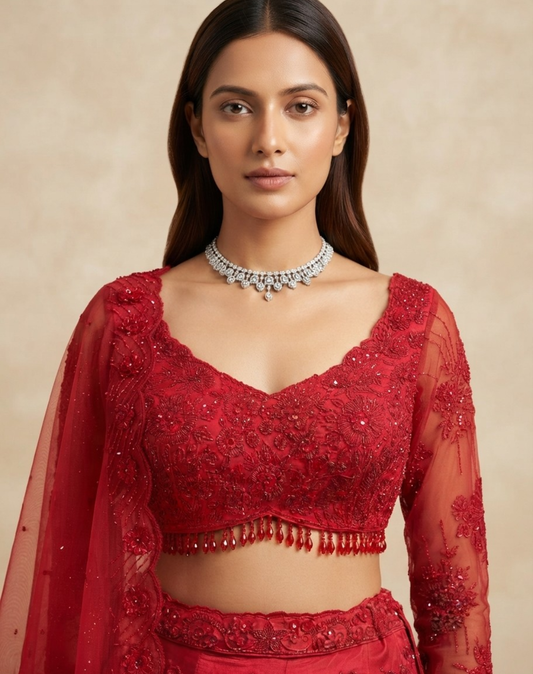 Scarlet Bloom | Cutdana & Crystal Embellished Lehenga