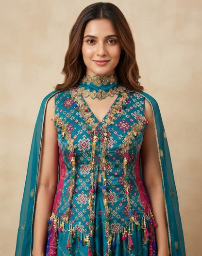 Rangrez Riwaayat | Zari & Mirror Work Printed Banarasi Indo-Western Set