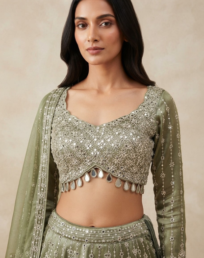 Sage Mist | Mirror & Cutdana Embellished Kanjivaram Lehenga