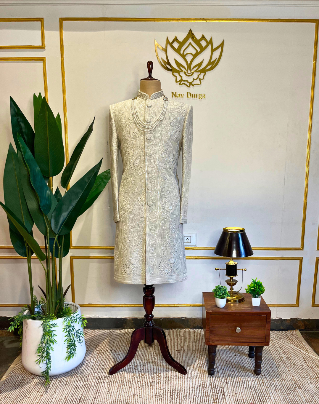 Ivory Resham & Cutdana Embroidered Sherwani