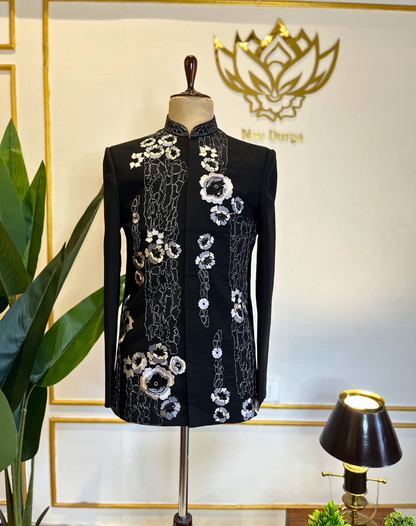 Black Orchid Embroidered Silk Indo-Western Set