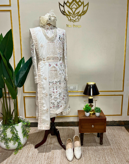 Ivory Heritage Hand-Embroidered Bamber Silk Sherwani Set