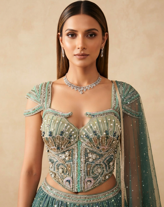 Emerald Aura | Embellished Organza Lehenga Set