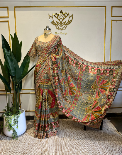 Handcrafted Dabka & Zardosi Tissue Saree with Heritage Art Print