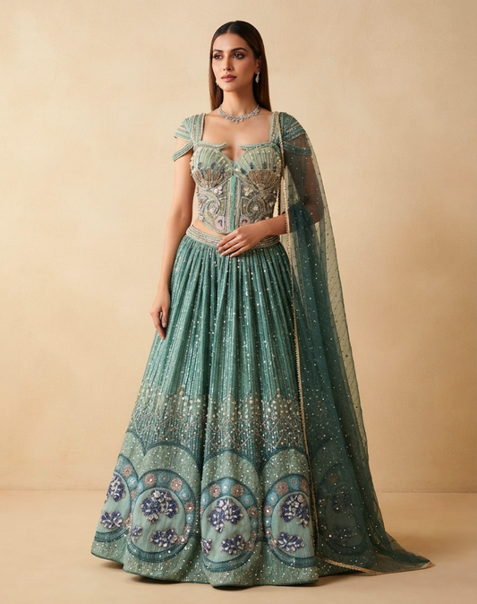 Emerald Aura | Embellished Organza Lehenga Set