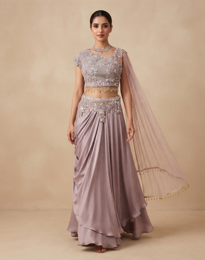 Dusty Rose Draped Skirt & Cape Blouse Set