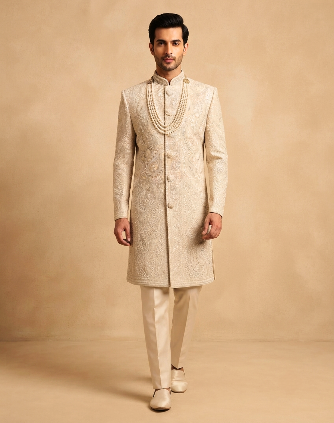 Ivory Resham & Cutdana Embroidered Sherwani