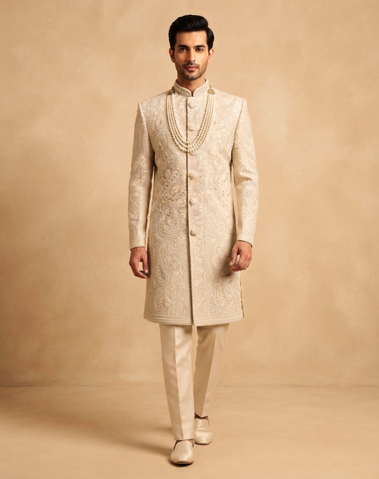 Ivory Resham & Cutdana Embroidered Sherwani