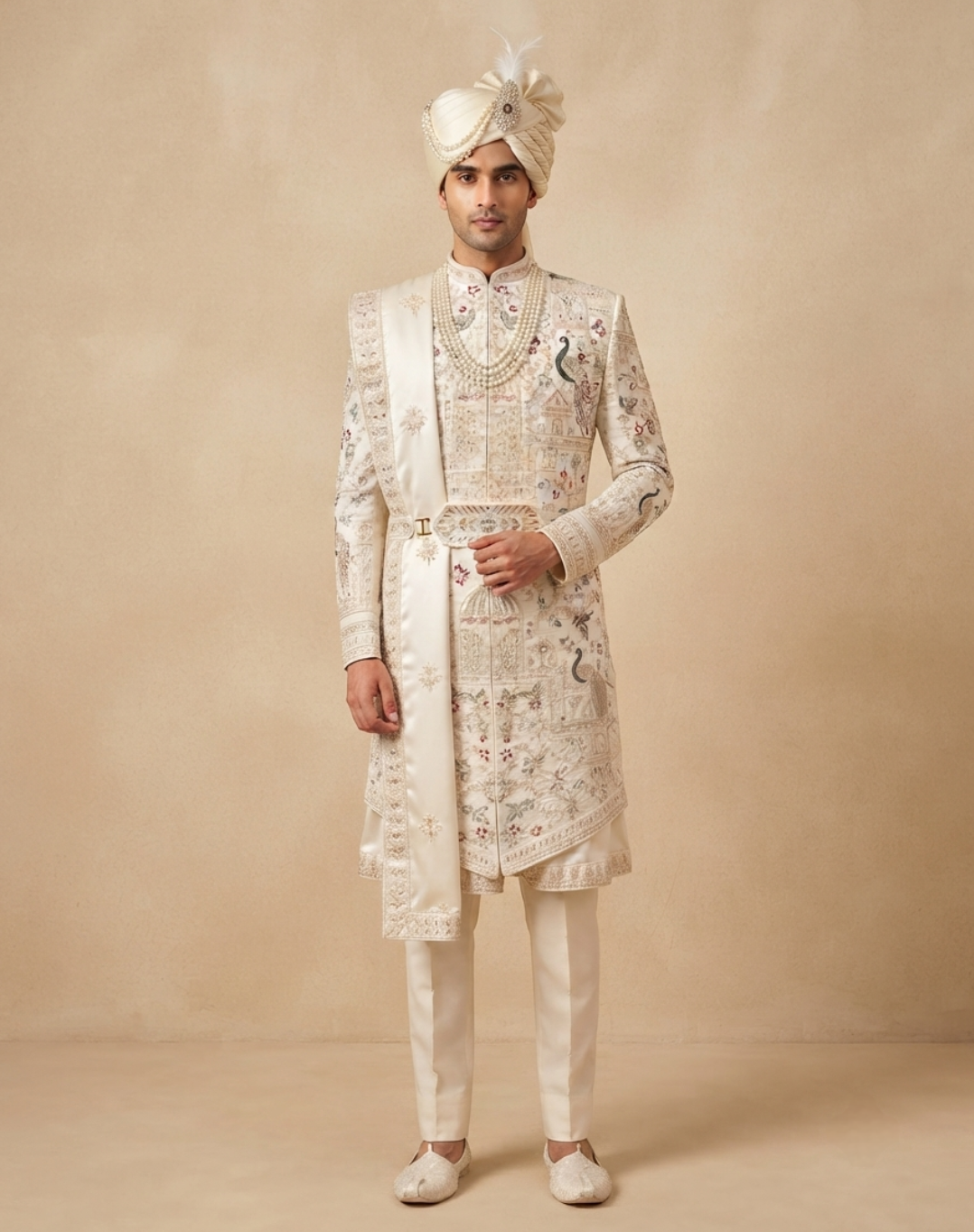 Ivory Heritage Hand-Embroidered Bamber Silk Sherwani Set