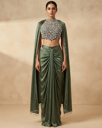 Olive Green Draped Indo-Western Set with Embellished Blouse