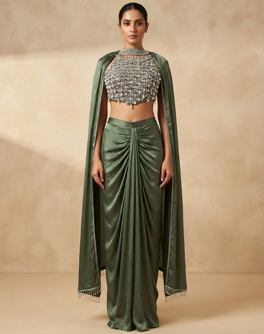 Olive Green Draped Indo-Western Set with Embellished Blouse