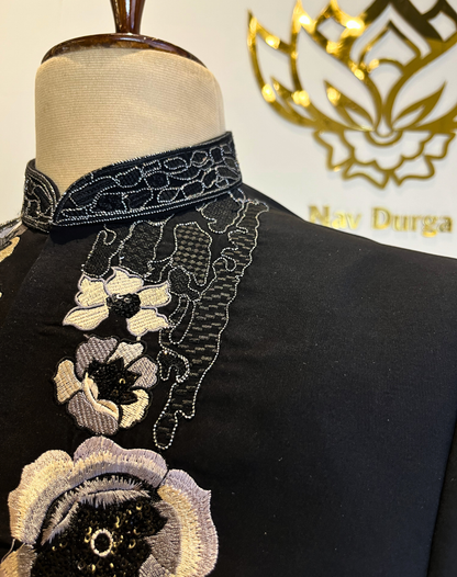 Black Orchid Embroidered Silk Indo-Western Set