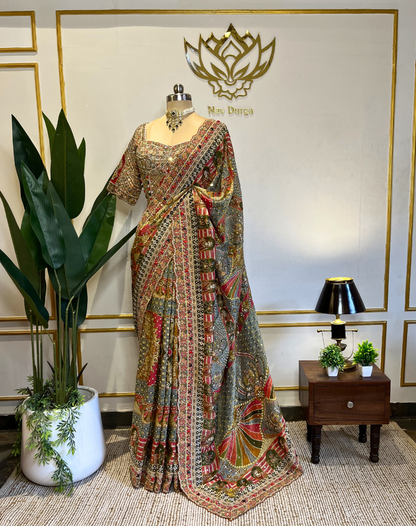 Handcrafted Dabka & Zardosi Tissue Saree with Heritage Art Print
