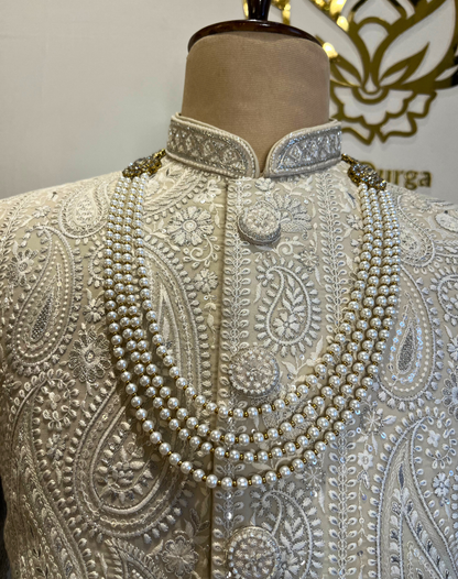 Ivory Resham & Cutdana Embroidered Sherwani