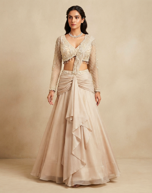 Champagne Radiance | Sequin & Cutdana Embellished Draped Skirt Set