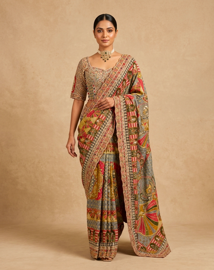 Handcrafted Dabka & Zardosi Tissue Saree with Heritage Art Print