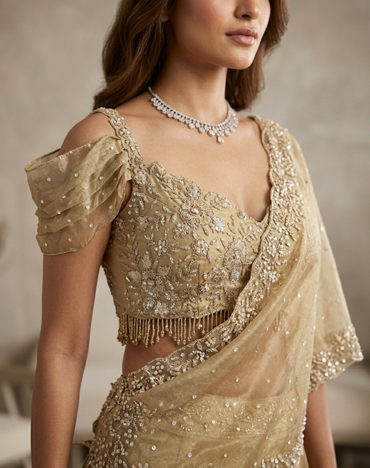 Champagne Gold Kashmiri Drape Skirt & Blouse Set