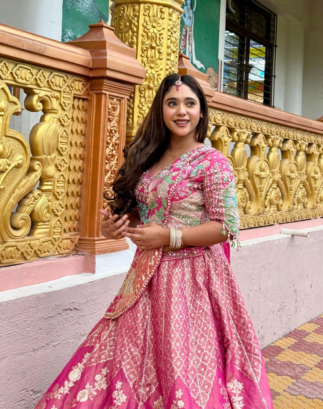 Rani Pink Bamber Silk Lehenga with Peacock Drape