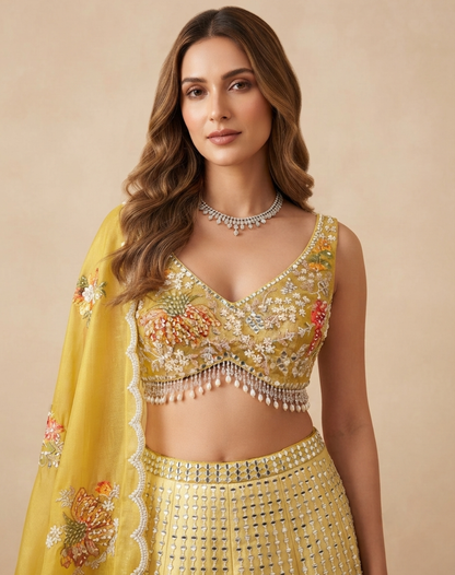 Marigold Bloom | Multicolour Mirror & Floral Embroidered Lehenga