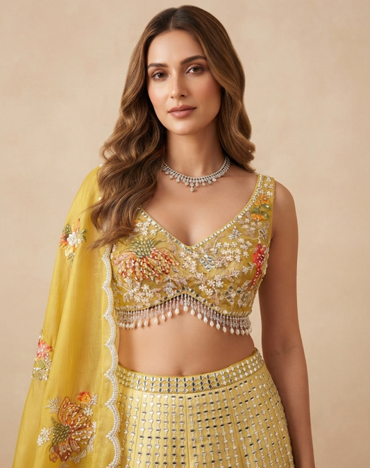 Marigold Bloom | Multicolour Mirror & Floral Embroidered Lehenga