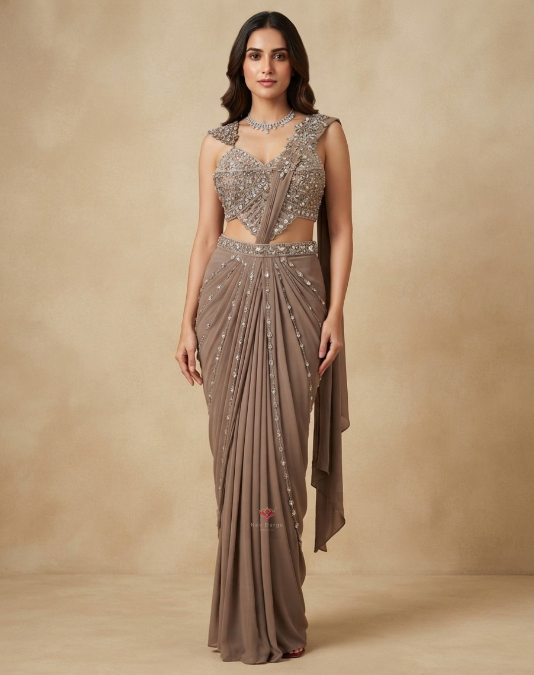 Mocha Muse | Crystal & Zari Embellished Taupe Mocha Drape Saree