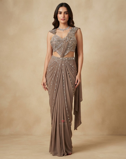 Mocha Muse | Crystal & Zari Embellished Taupe Mocha Drape Saree