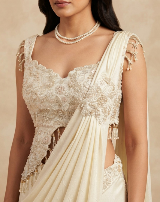 Ivory Embellished Draped Skirt & Blouse Set