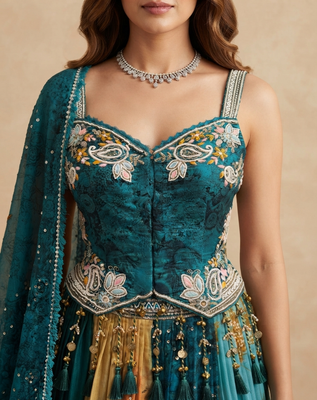 Teal Blue Printed Lehenga with Corset-Style Blouse