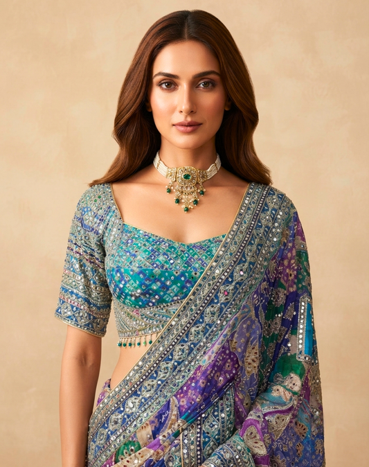 Royal Mosaic | Mirror & Zari Embellished Georgette Saree