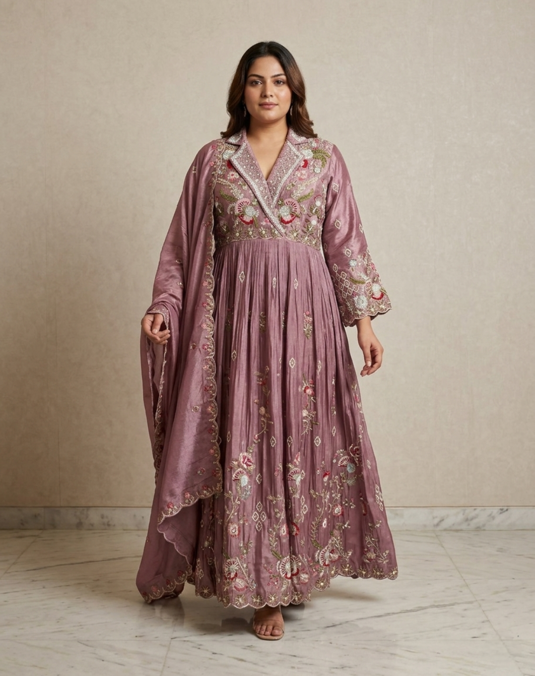 Dusty Mauve Embroidered Tissue Suit Set