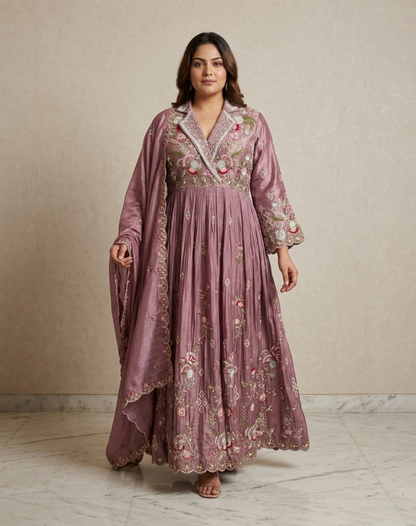 Dusty Mauve Embroidered Tissue Suit Set