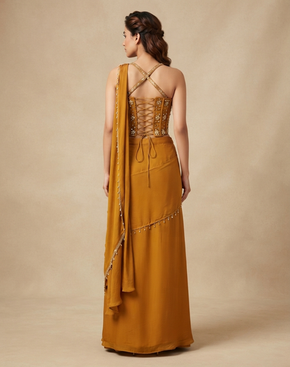 Mustard Mirror-Embellished Draped Skirt Set
