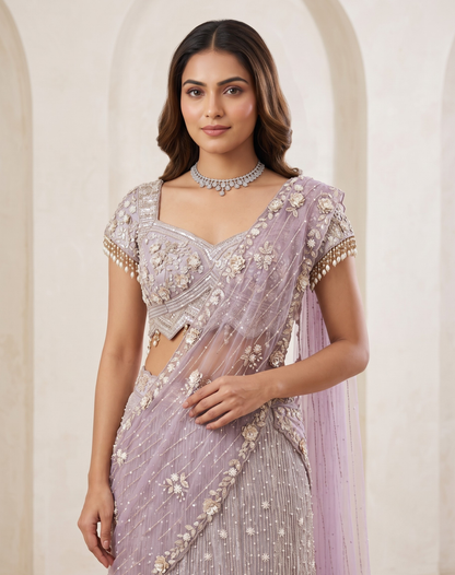Lavender Lattice | Pearl & Thread Embellished Lehenga