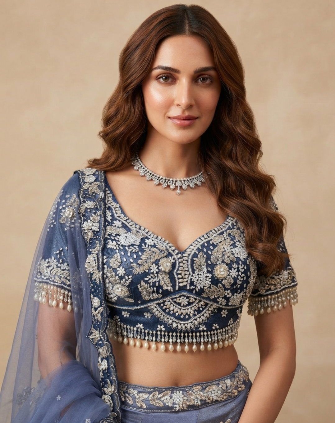 Ivory Bloom | Pearl & Crystal Embellished Tissue Lehenga