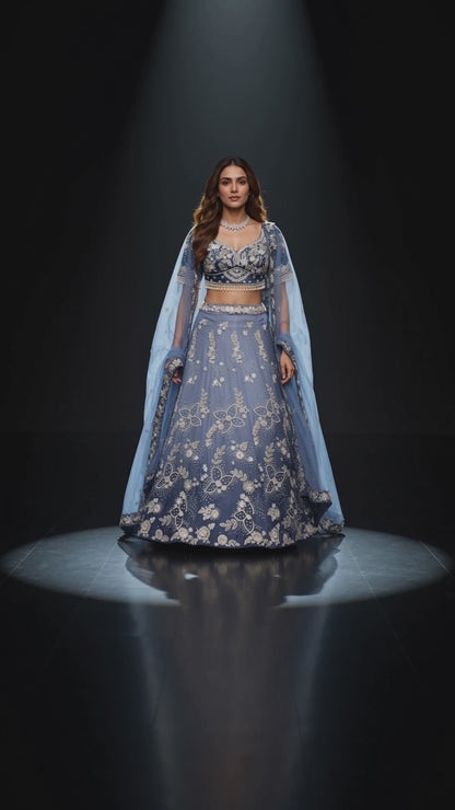 Ivory Bloom | Pearl & Crystal Embellished Tissue Lehenga