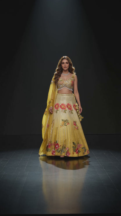 Marigold Bloom | Multicolour Mirror & Floral Embroidered Lehenga