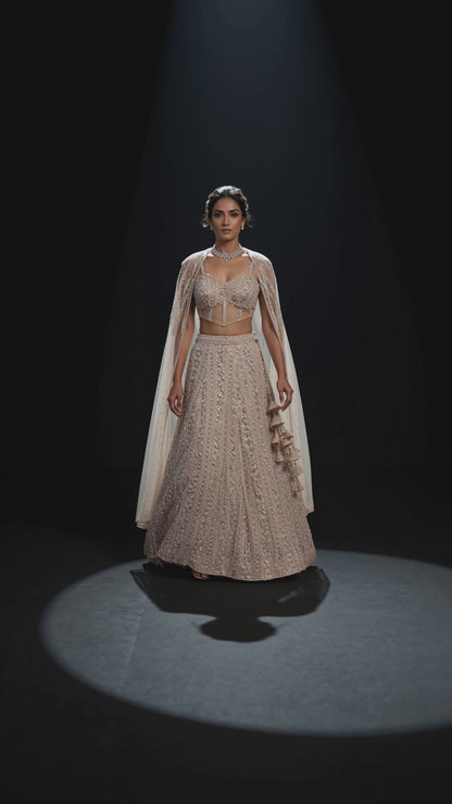 Champagne Dusk | Crystal-Embellished Kanjivaram Lehenga