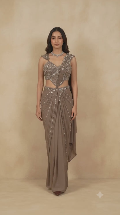 Mocha Muse | Crystal & Zari Embellished Taupe Mocha Drape Saree