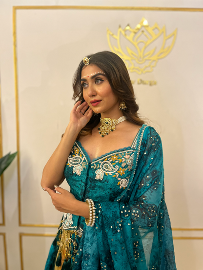 Teal Blue Printed Lehenga with Corset-Style Blouse